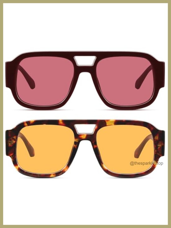 Square Aviator Sunglasses Retro Chunky Double Bridge Flat Top Y2K Shades UV400 main image 4
